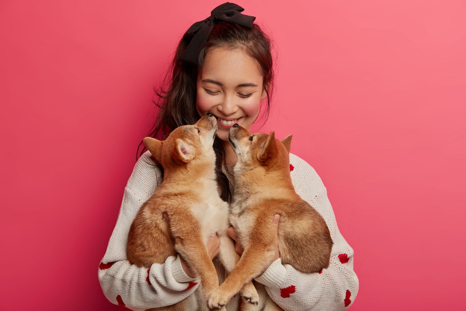 Cute girl holding dog and cat pets